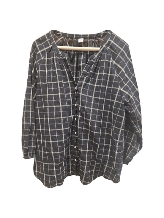 Old Navy Tops - Old Navy Black And White Plaid 3/4 Sleeve Button Blouse Size Medium 100% Cotton